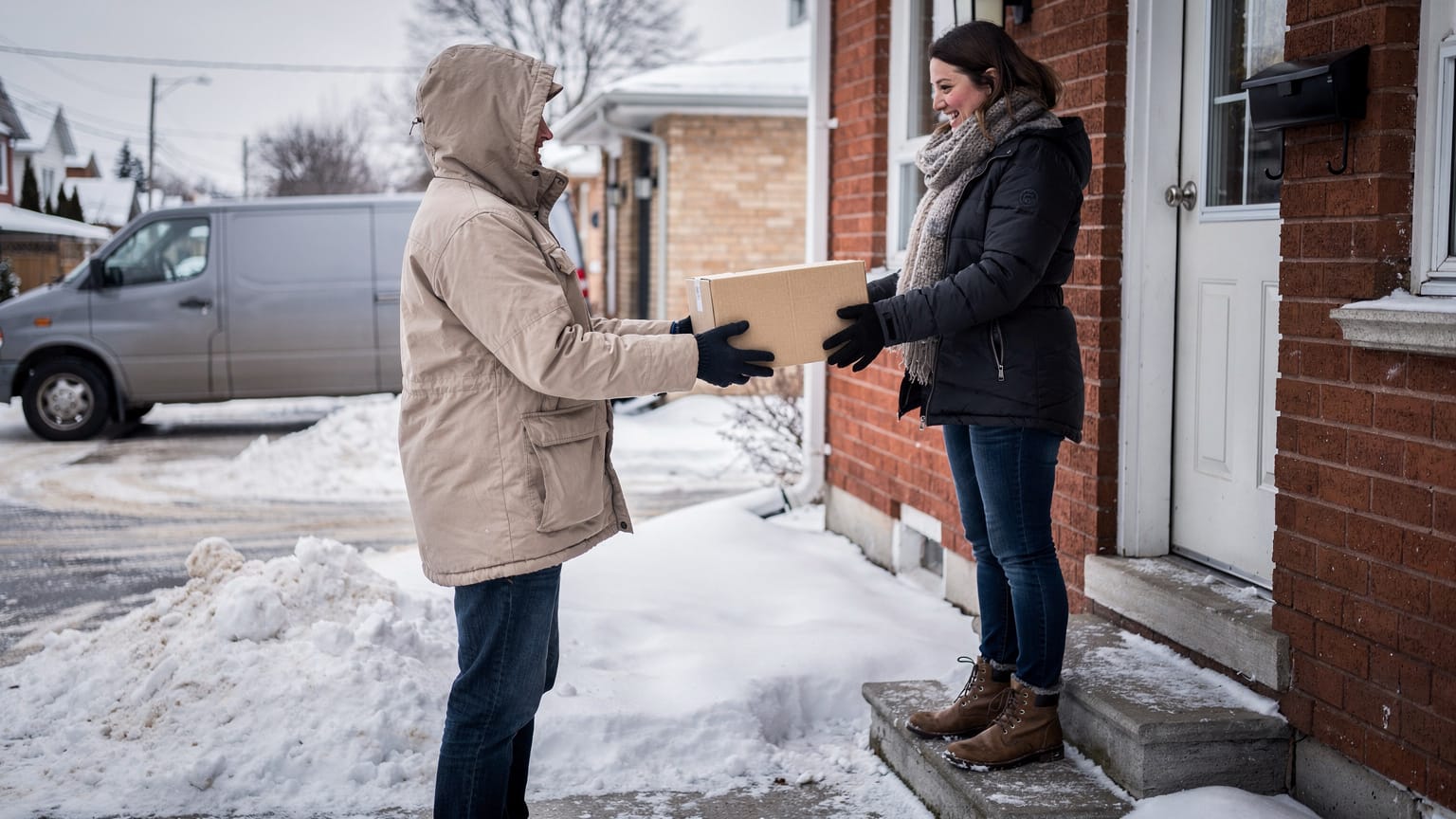 A person in a hooded winter parka hands a cardboard parcel to a smiling woman on snowy brick-house steps, a grey van parked behind.
