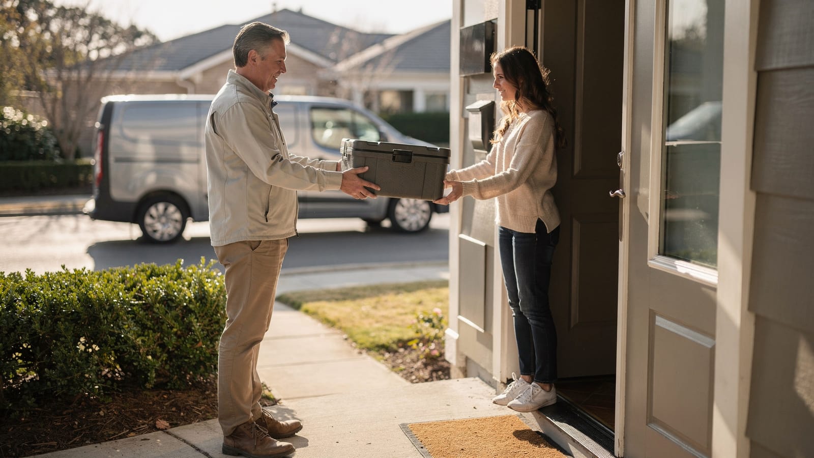 A delivery driver hands an insulated grey box to a smiling woman standing in her open front doorway, with a silver van parked at the kerb behind.