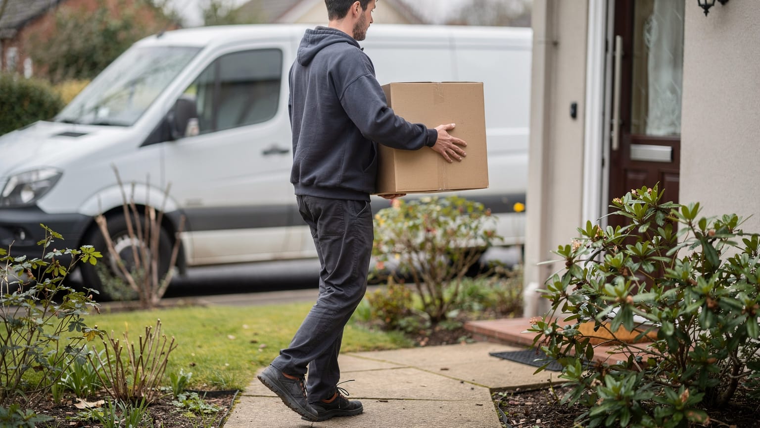 A delivery driver in a dark hoodie carries a cardboard box up a paved garden path toward a front door, with a white van parked behind.